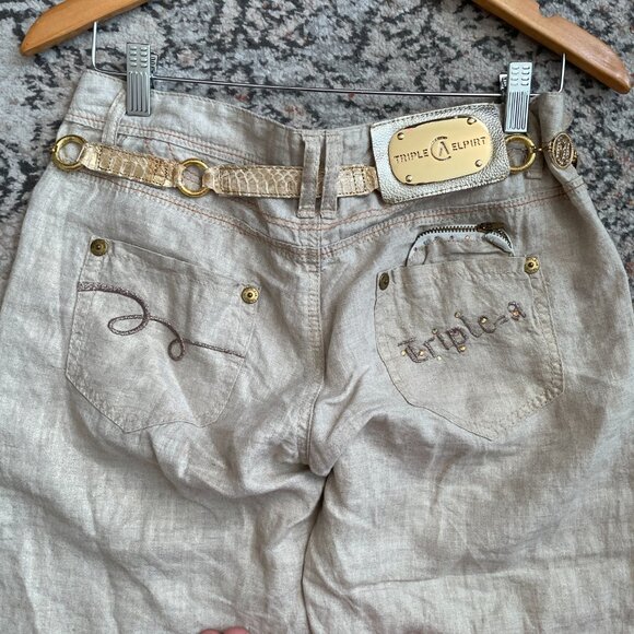 Vintage Womens Wide Leg Pants Beige Size 42 Triple=A Gold Belt Boho Lagenlook - Picture 15 of 16